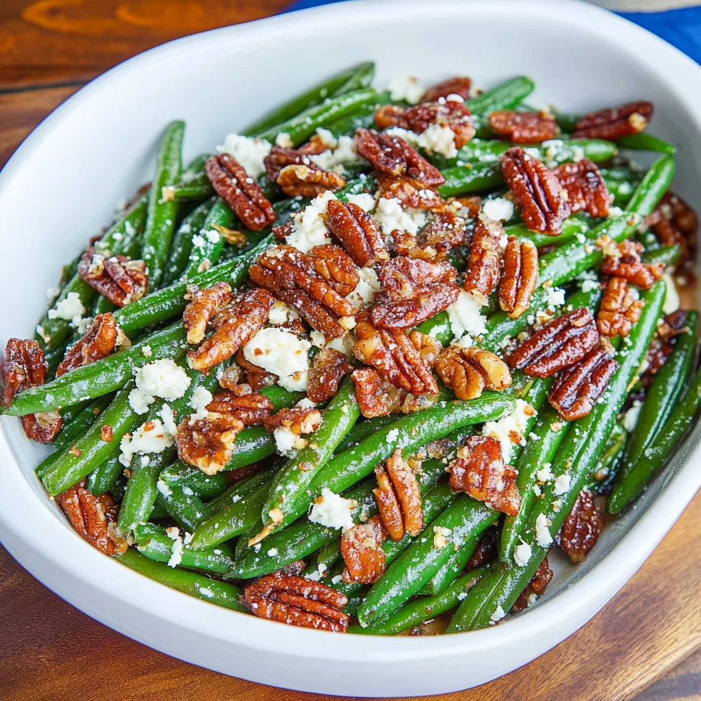 Recipe preparation for Maple Dijon Green Beans with Bacon, Candied Pecans and Goat Cheese